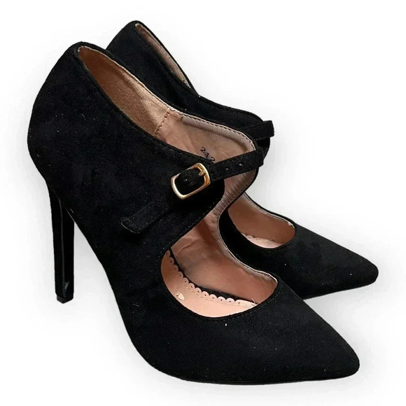 JG Shoes - Jg Womens Black Faux Suede Pointed Toe Buckle Pumps Heels Sz 5.5 Classic Sexy